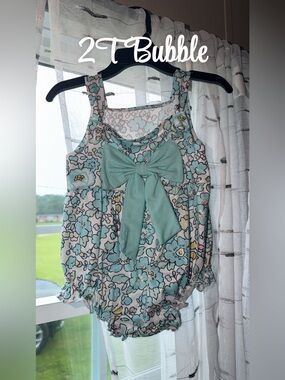 Girls Floral Bubble Romper with Bow - Mint Blue-NWOT